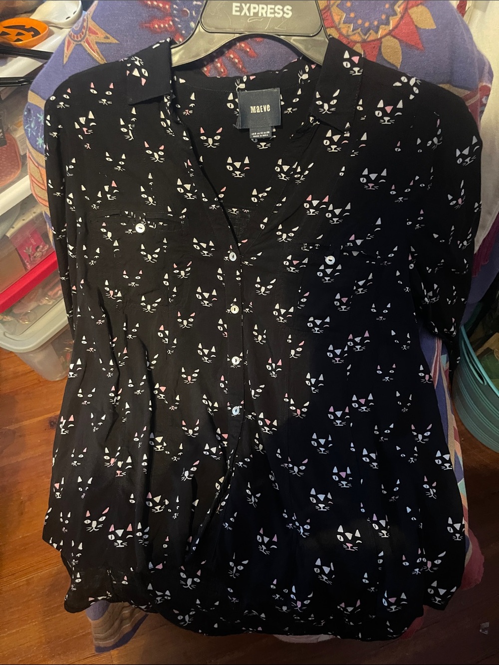 Maeve Black Button-Front Shirt with White and Pink Cat Faces